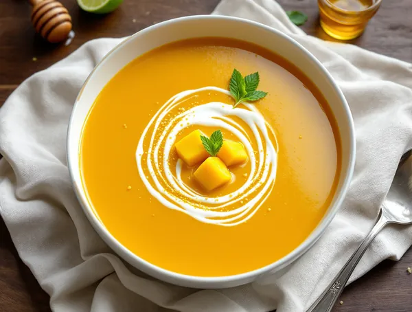 Supă dulce de mango cu lapte de cocos și cardamom
