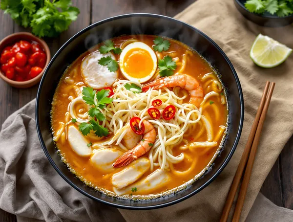 Supă laksa cu tăiței și lapte de cocos