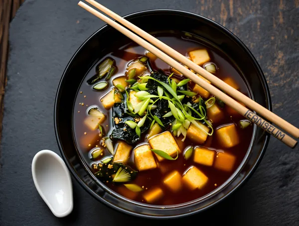 Supă miso roșie cu tofu afumat și ceapă verde