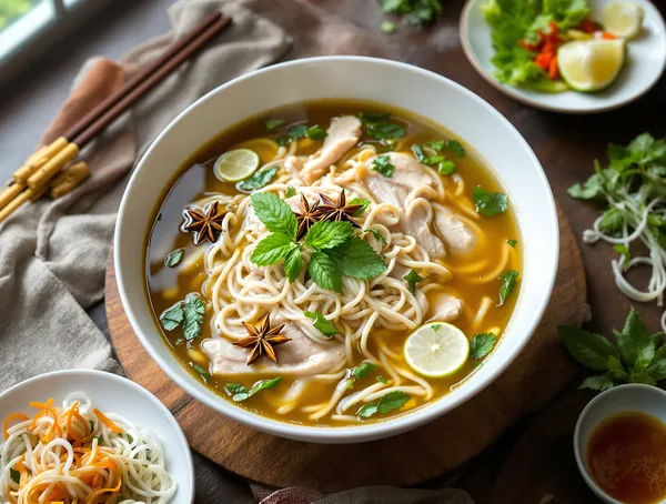 Supă pho de pui cu mentă și lime