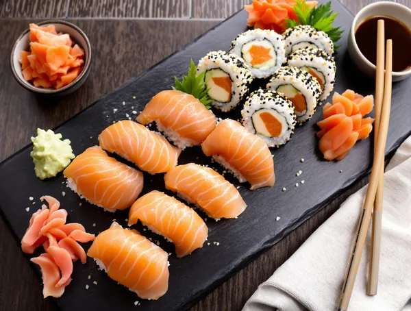 Sushi platter cu sake, salmon și philadelphia rolls