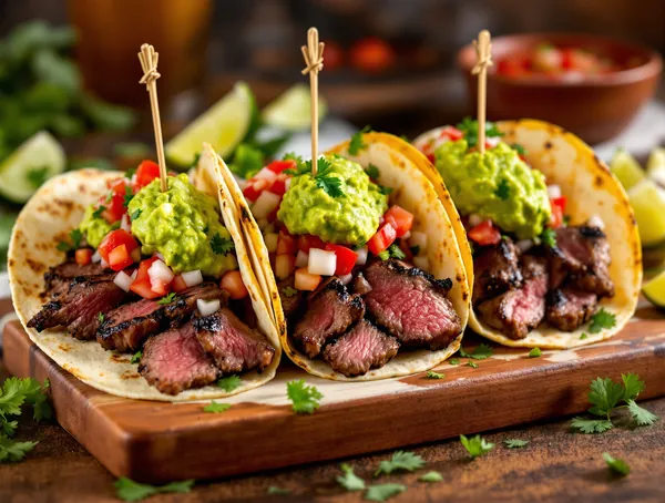 Tacos de carne asada cu guacamole și pico de gallo