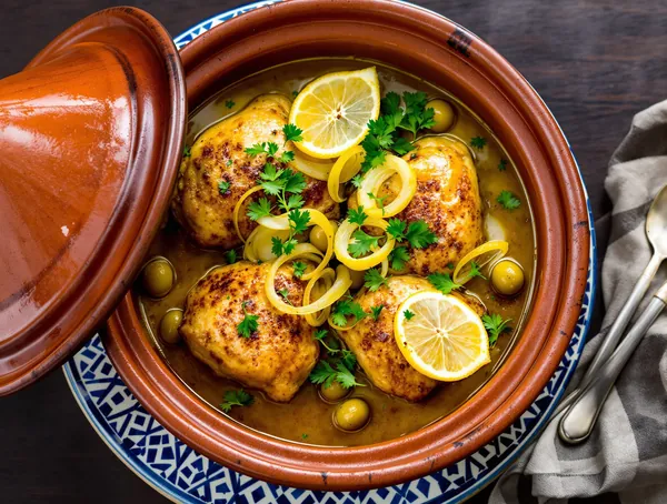 Tagine de pui cu lămâie conservată și măsline