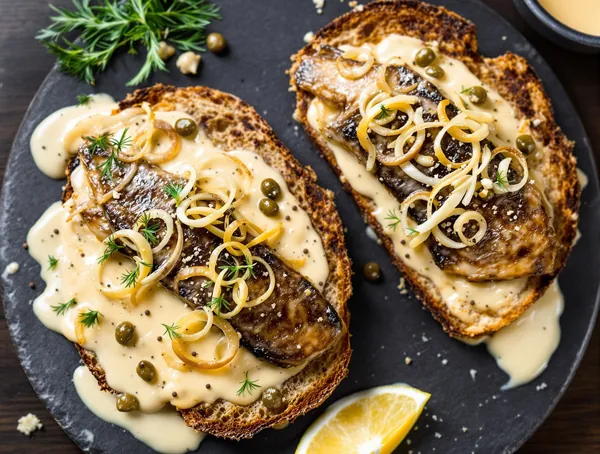 Tartine cu beurre blanc și sardine afumate
