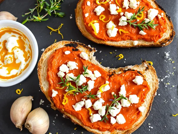 Tartine cu cremă de ardei copt și brânză de capră