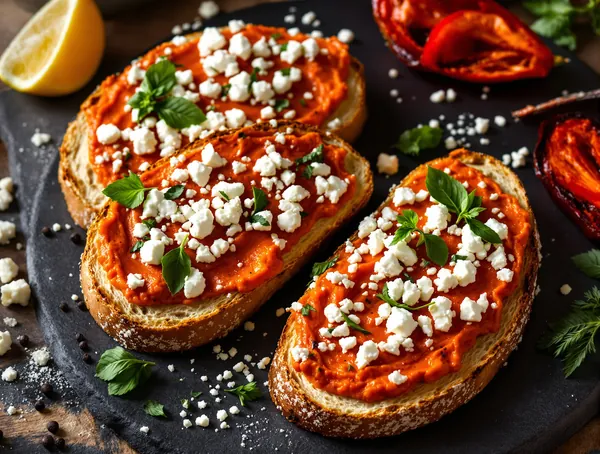 Tartine cu cremă de ardei de Dolca și telemea