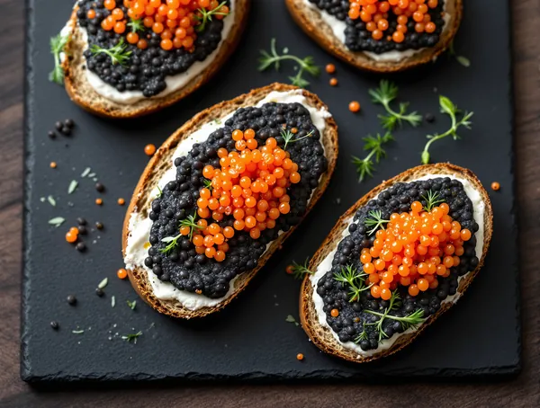 Tartine cu cremă de linte beluga și caviar de somon