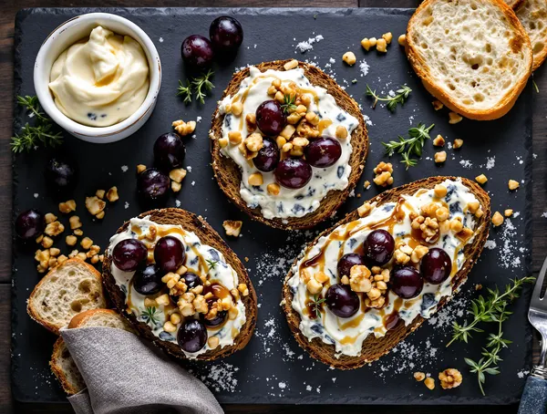 Tartine cu cremă de roquefort și struguri