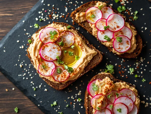 Tartine cu hummus și ridichi feliate