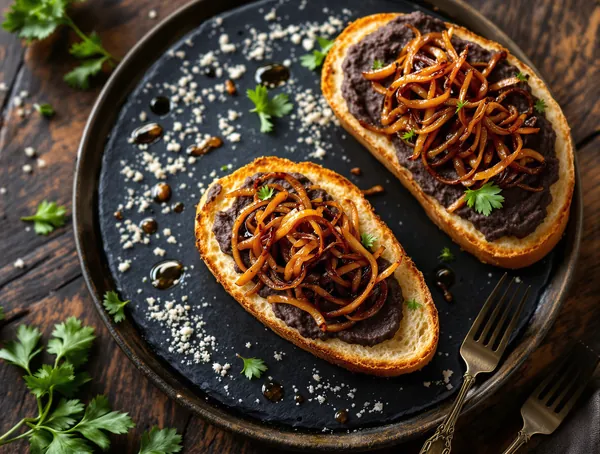 Tartine cu pastă de vinete afumate și ceapă caramelizată