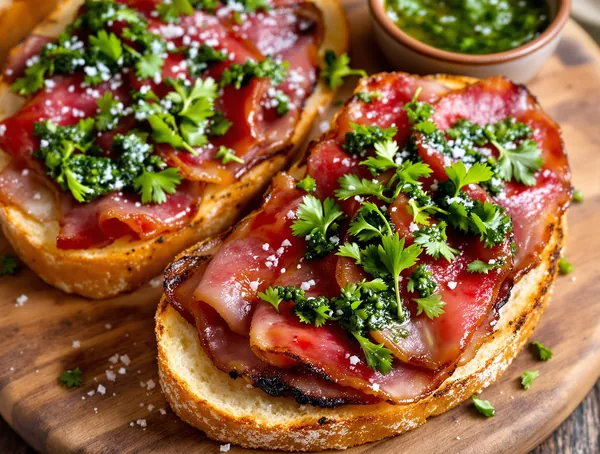 Tartine cu pastramă de vită și sos chimichurri