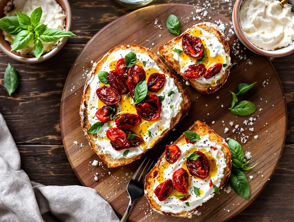 Tartine cu ricotta și roșii uscate la soare