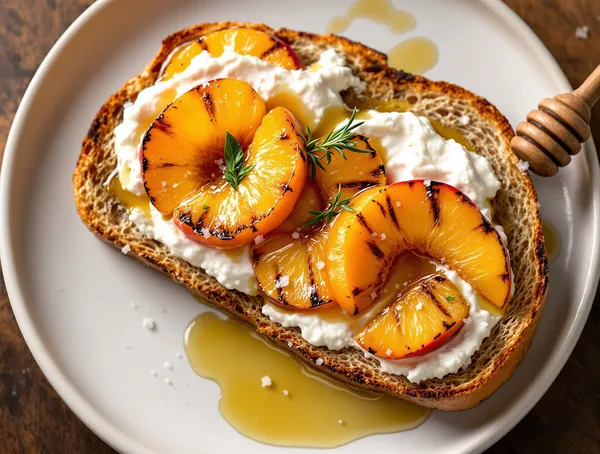 Toast cu ricotta și piersici la grătar