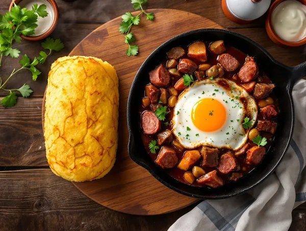 Tochitură de porc cu mămăligă și ou ochi