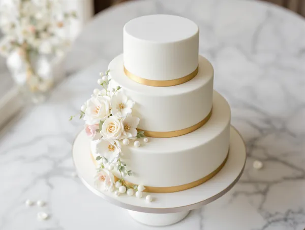 Tort de Nuntă cu Fondant Alb și Flori de Zahăr