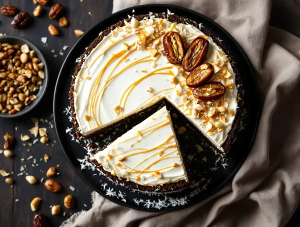 Tort raw vegan cu curmale și nuci de macadamia