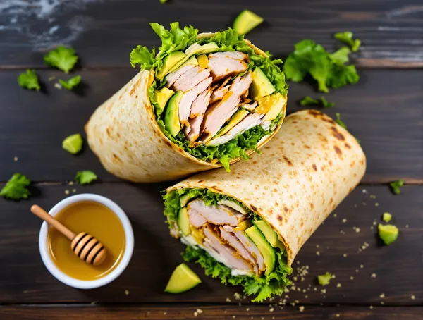 Wrap cu curcan afumat, avocado și muștar cu miere