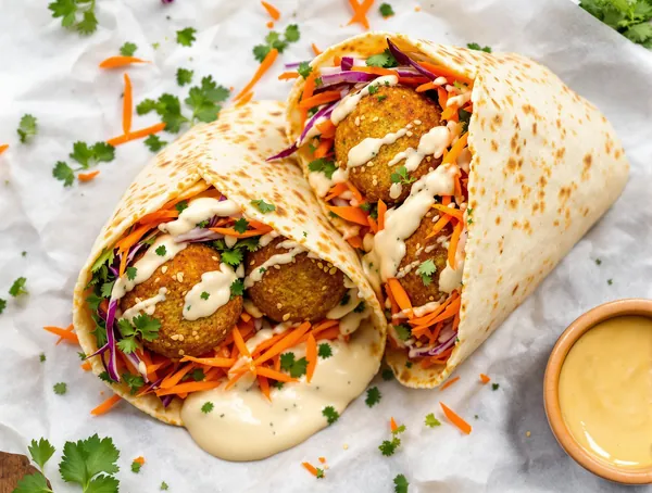Wrap cu falafel, morcovi murați și tahini de mentă