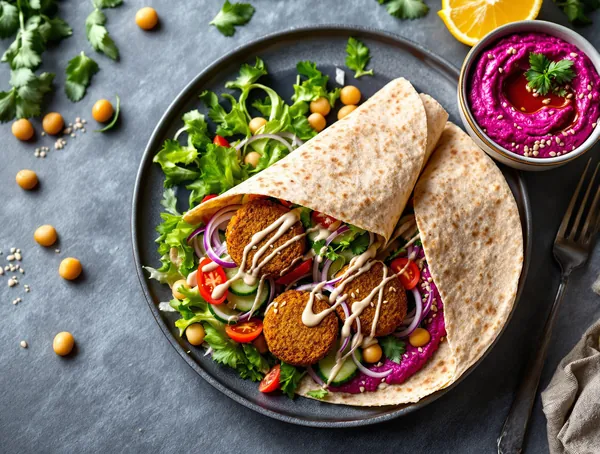 Wrap cu hummus de sfeclă și falafel
