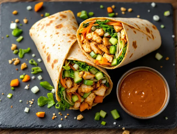 Wrap cu pui în sos satay și castraveți