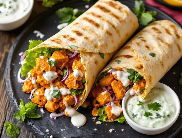 Wrap cu pui tikka masala și iaurt de mentă