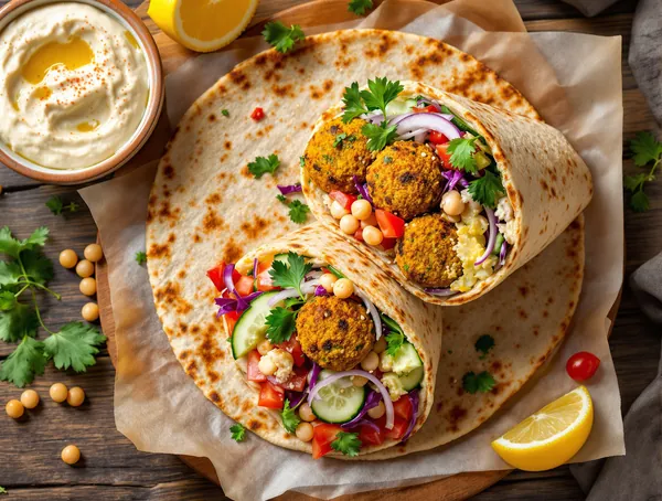 Wrap mediteranean cu falafel și hummus