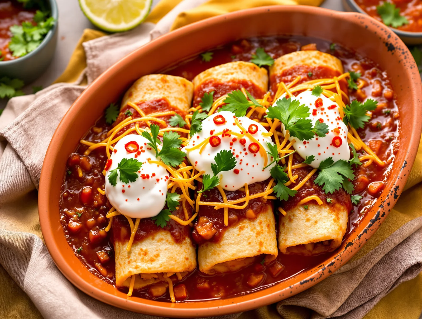 Enchiladas de pui cu sos roșu și smântână