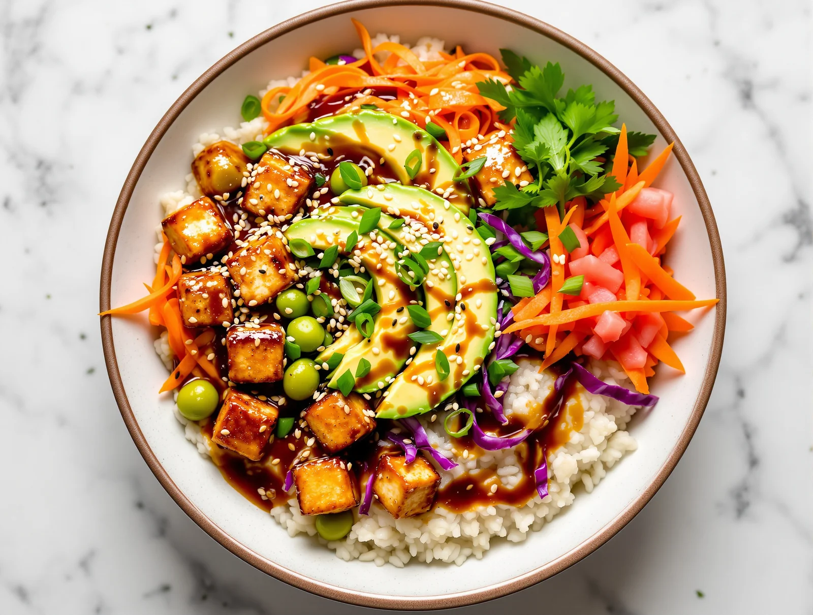 Poke bowl de post cu tofu marinat și edamame